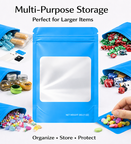 50 Pack – 28g Solid Color Mylar Bags with Square Window - Light Blue