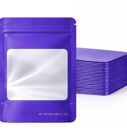 50 Pack – 28g Solid Color Mylar Bags with Square Window - Purple
