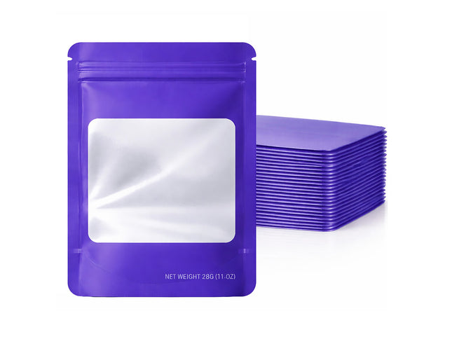 50 Pack – 28g Solid Color Mylar Bags with Square Window - Purple