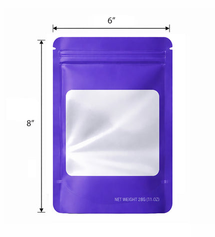 50 Pack – 28g Solid Color Mylar Bags with Square Window - Purple