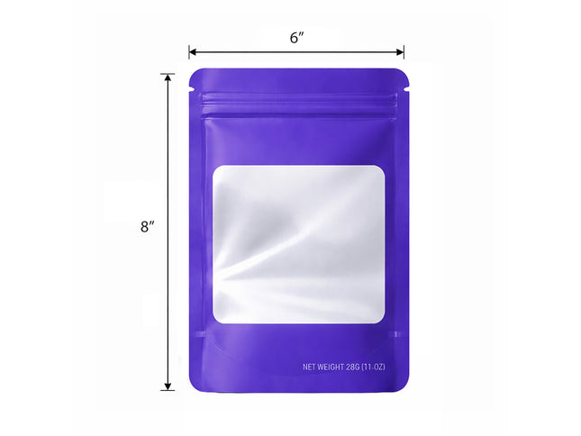 50 Pack – 28g Solid Color Mylar Bags with Square Window - Purple