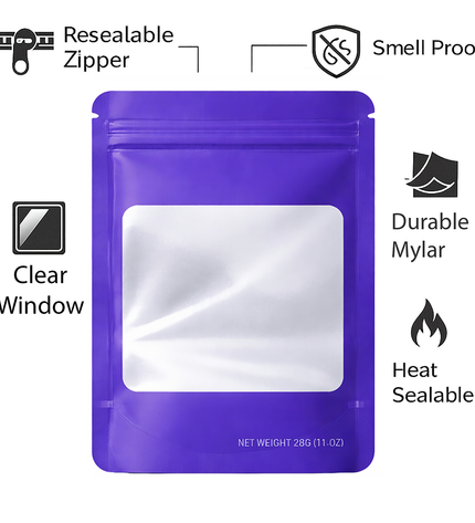 50 Pack – 28g Solid Color Mylar Bags with Square Window - Purple