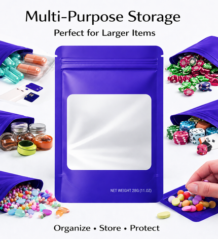 50 Pack – 28g Solid Color Mylar Bags with Square Window - Purple