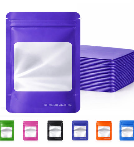 50 Pack – 28g Solid Color Mylar Bags with Square Window - Purple