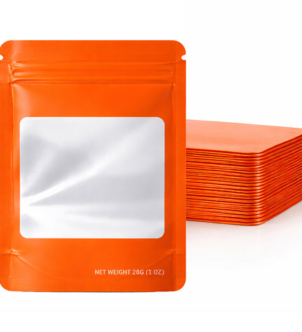 50 Pack – 28g Solid Color Mylar Bags with Square Window - Orange