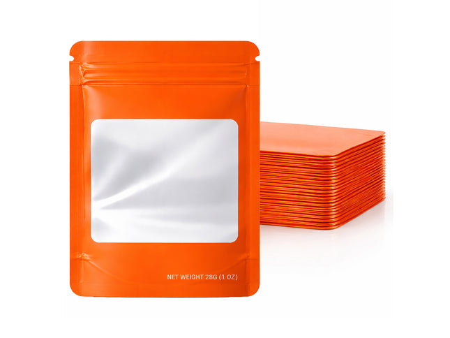 50 Pack – 28g Solid Color Mylar Bags with Square Window - Orange