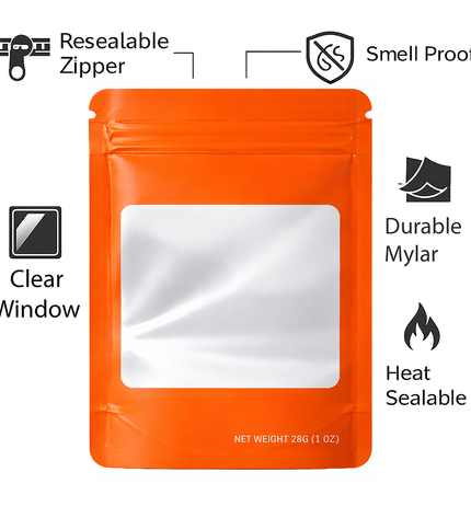 50 Pack – 28g Solid Color Mylar Bags with Square Window - Orange