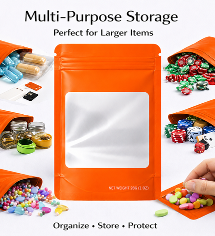 50 Pack – 28g Solid Color Mylar Bags with Square Window - Orange