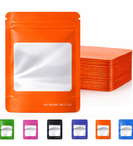 50 Pack – 28g Solid Color Mylar Bags with Square Window - Orange