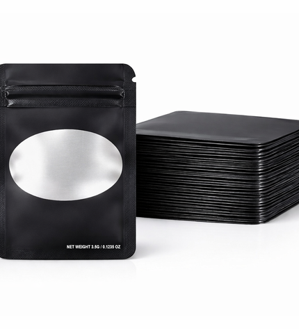 50 Pack – 3.5g Solid Color Mylar Bags with Oval Window - Black