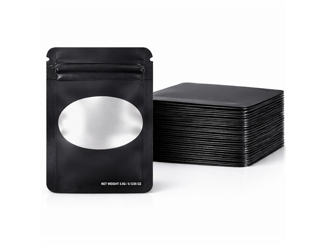 50 Pack – 3.5g Solid Color Mylar Bags with Oval Window - Black