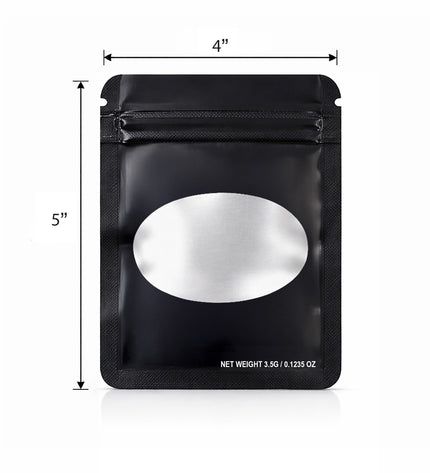 50 Pack – 3.5g Solid Color Mylar Bags with Oval Window - Black
