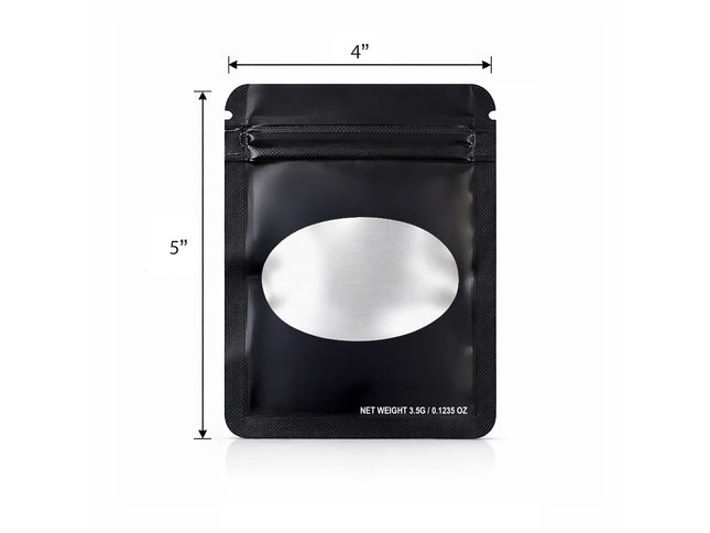 50 Pack – 3.5g Solid Color Mylar Bags with Oval Window - Black