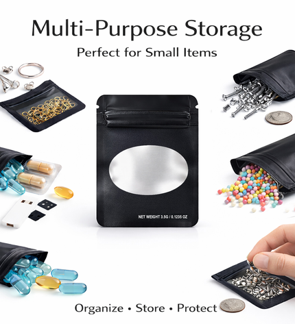 50 Pack – 3.5g Solid Color Mylar Bags with Oval Window - Black