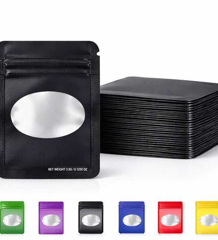 50 Pack – 3.5g Solid Color Mylar Bags with Oval Window - Black