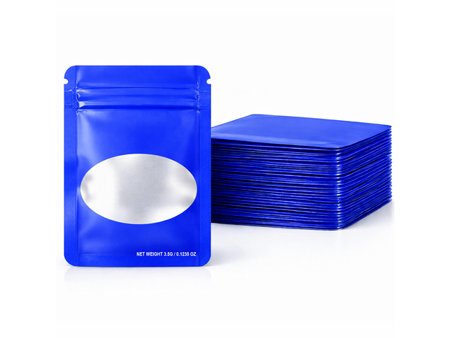 50 Pack – 3.5g Solid Color Mylar Bags with Oval Window - Blue