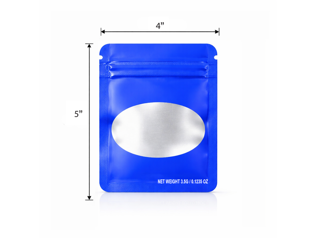 50 Pack – 3.5g Solid Color Mylar Bags with Oval Window - Blue