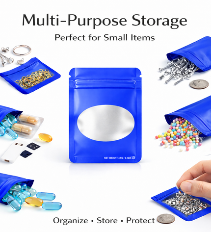 50 Pack – 3.5g Solid Color Mylar Bags with Oval Window - Blue