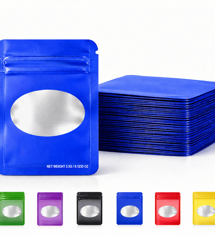 50 Pack – 3.5g Solid Color Mylar Bags with Oval Window - Blue