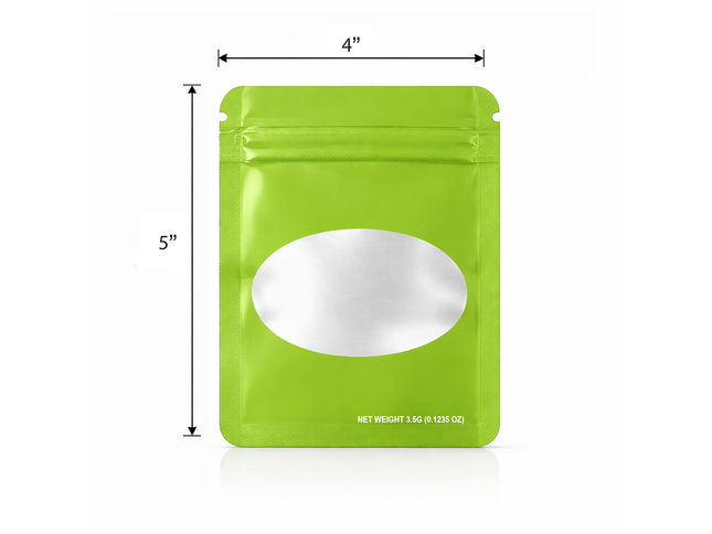 50 Pack – 3.5g Solid Color Mylar Bags with Oval Window - Green