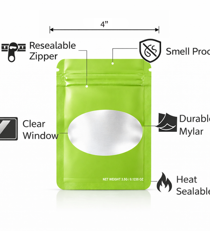 50 Pack – 3.5g Solid Color Mylar Bags with Oval Window - Green