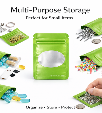 50 Pack – 3.5g Solid Color Mylar Bags with Oval Window - Green