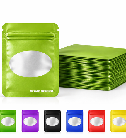50 Pack – 3.5g Solid Color Mylar Bags with Oval Window - Green