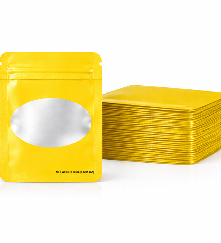 50 Pack – 3.5g Solid Color Mylar Bags with Oval Window - Yellow