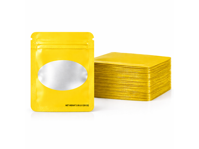 50 Pack – 3.5g Solid Color Mylar Bags with Oval Window - Yellow