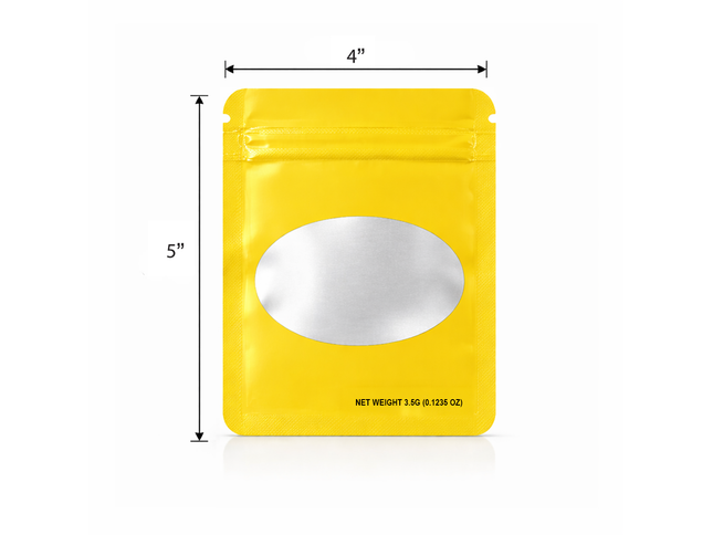 50 Pack – 3.5g Solid Color Mylar Bags with Oval Window - Yellow