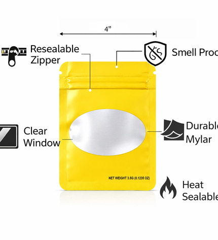 50 Pack – 3.5g Solid Color Mylar Bags with Oval Window - Yellow