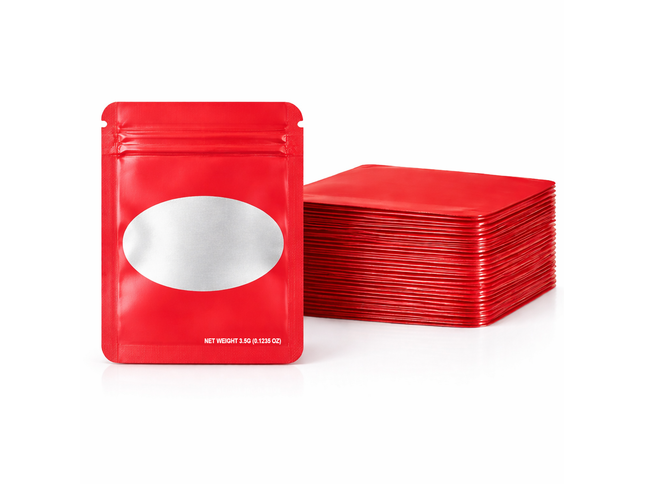 50 Pack – 3.5g Solid Color Mylar Bags with Oval Window - Red