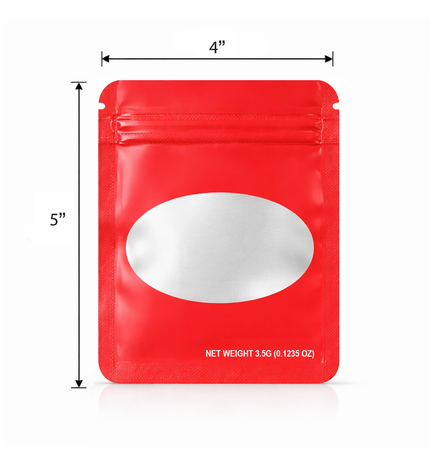 50 Pack – 3.5g Solid Color Mylar Bags with Oval Window - Red