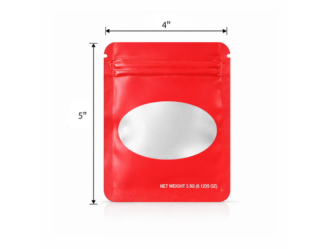 50 Pack – 3.5g Solid Color Mylar Bags with Oval Window - Red