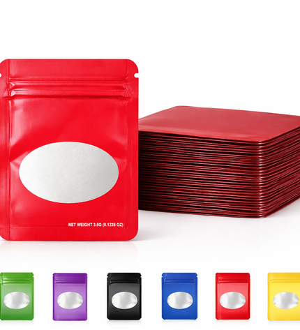 50 Pack – 3.5g Solid Color Mylar Bags with Oval Window - Red