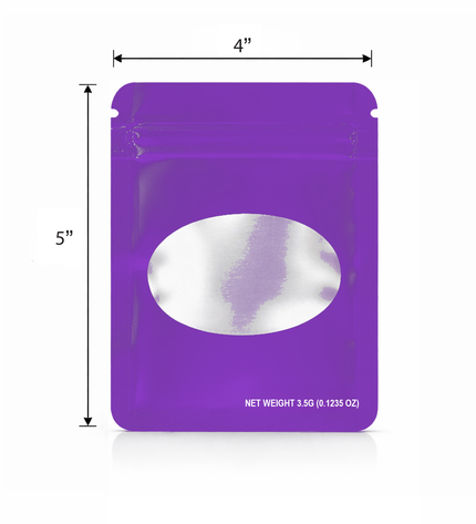 50 Pack – 3.5g Solid Color Mylar Bags with Oval Window - Purple