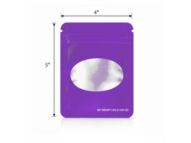 50 Pack – 3.5g Solid Color Mylar Bags with Oval Window - Purple