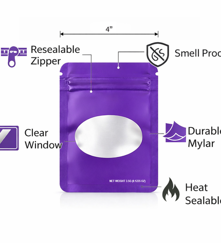 50 Pack – 3.5g Solid Color Mylar Bags with Oval Window - Purple