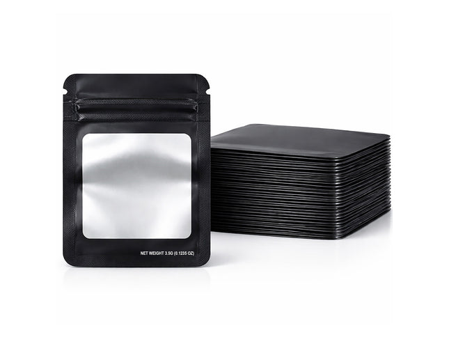 50 Pack – 3.5g Solid Color Mylar Bags with Square Window - Black