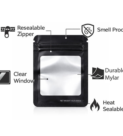 50 Pack – 3.5g Solid Color Mylar Bags with Square Window - Black