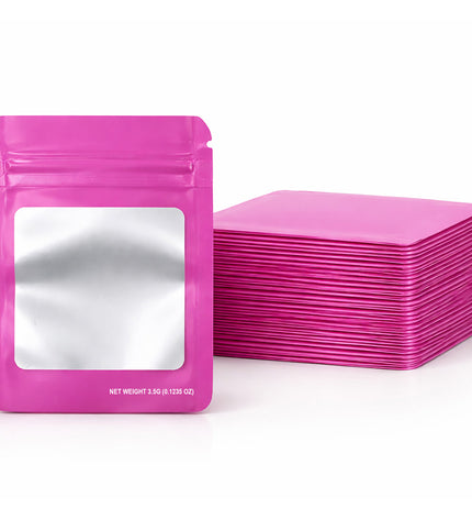 50 Pack – 3.5g Solid Color Mylar Bags with Square Window - Pink