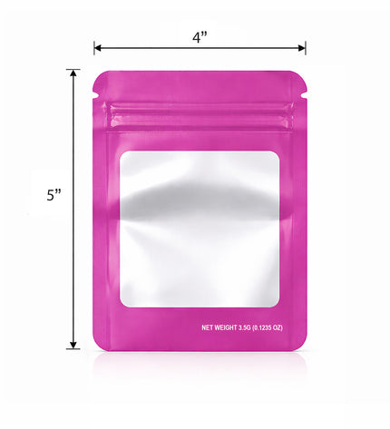 50 Pack – 3.5g Solid Color Mylar Bags with Square Window - Pink
