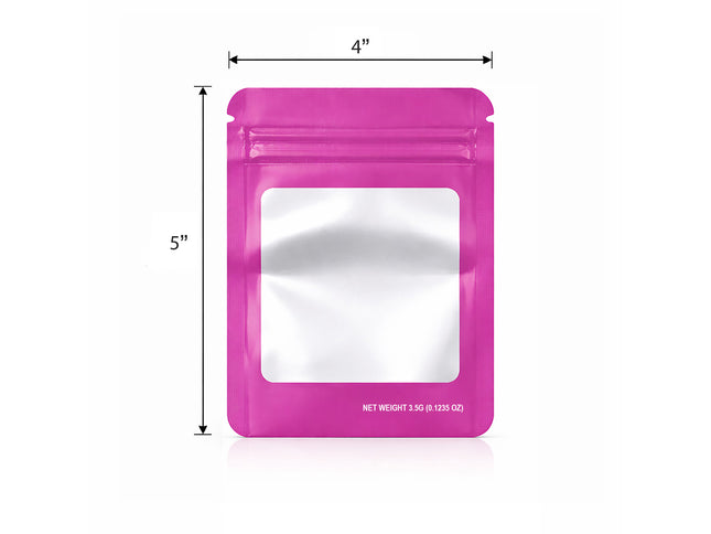 50 Pack – 3.5g Solid Color Mylar Bags with Square Window - Pink