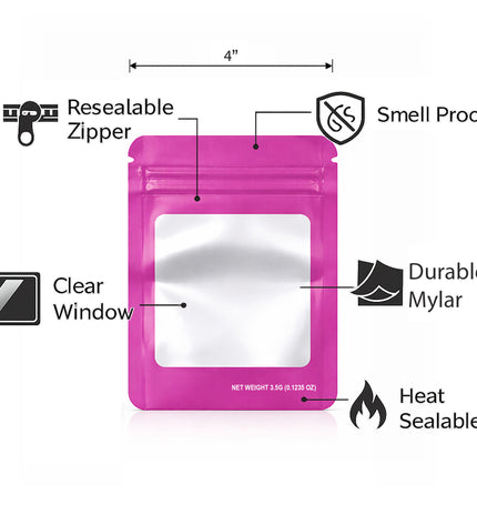 50 Pack – 3.5g Solid Color Mylar Bags with Square Window - Pink