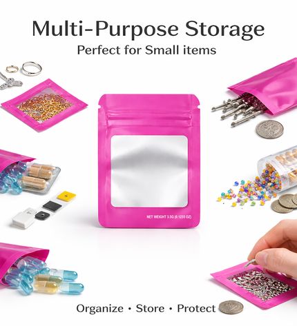 50 Pack – 3.5g Solid Color Mylar Bags with Square Window - Pink