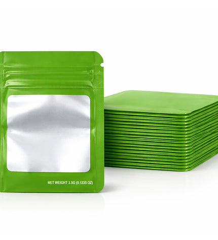 50 Pack – 3.5g Solid Color Mylar Bags with Square Window - Green