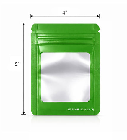 50 Pack – 3.5g Solid Color Mylar Bags with Square Window - Green