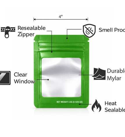 50 Pack – 3.5g Solid Color Mylar Bags with Square Window - Green