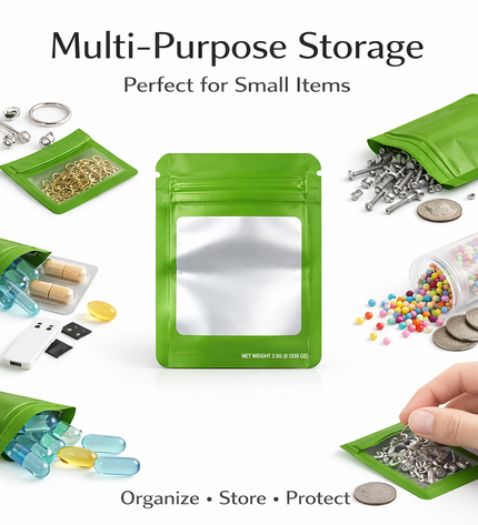 50 Pack – 3.5g Solid Color Mylar Bags with Square Window - Green