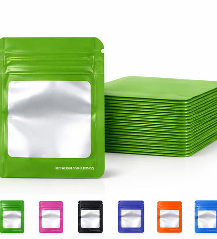 50 Pack – 3.5g Solid Color Mylar Bags with Square Window - Green